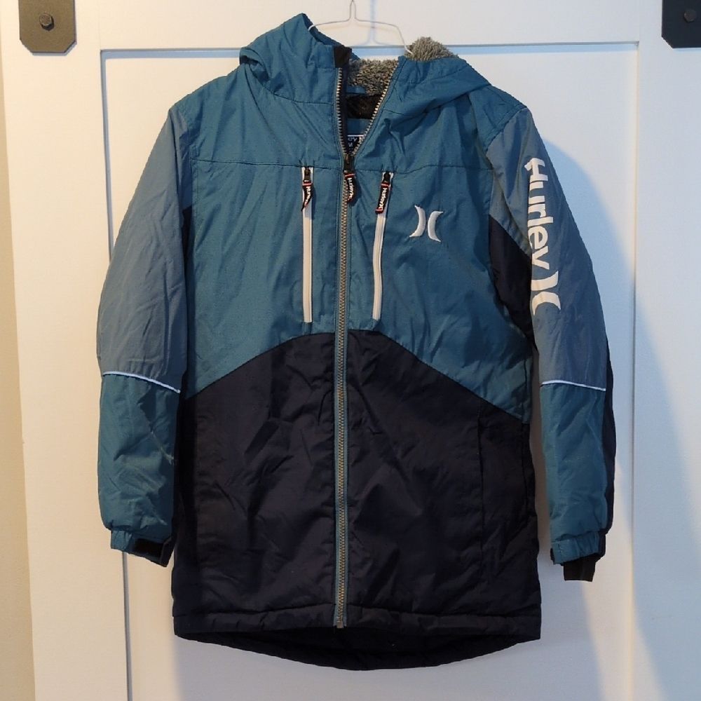 Hurley Boys Medium Hooded Winter Jacket Navy Light Blue Coat Youth